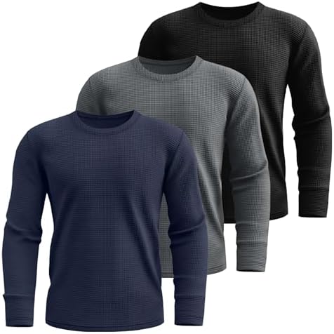 Ficerd 3 Pack Men's Waffle Long Sleeve Shirts Crew Neck Thermal Underwear Tops Casual Pullover Sweaters Knit Undershirts