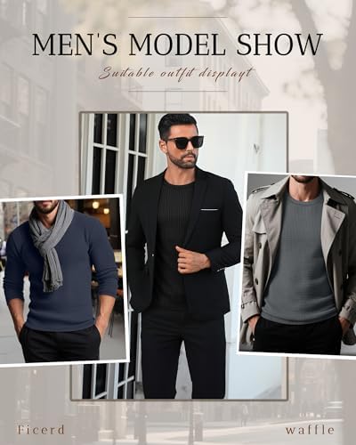 Ficerd 3 Pack Men's Waffle Long Sleeve Shirts Crew Neck Thermal Underwear Tops Casual Pullover Sweaters Knit Undershirts