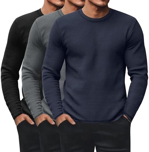 Ficerd 3 Pack Men's Waffle Long Sleeve Shirts Crew Neck Thermal Underwear Tops Casual Pullover Sweaters Knit Undershirts