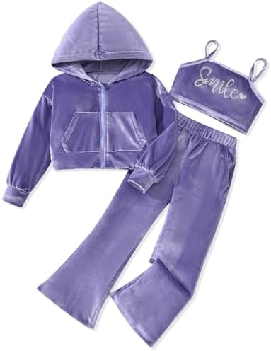 fioukiay Girls Sweatsuits Set Velour Tracksuit 3 Piece Outfits Zip Up Hoodies Camisole and Flare Pants Athletic Jogging Set