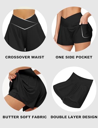 FireSwan Crossover Athletic Shorts For Women 2 In 1 Flowy Running Shorts With Pockets Spandex Butterfly Workout Tennis Skorts