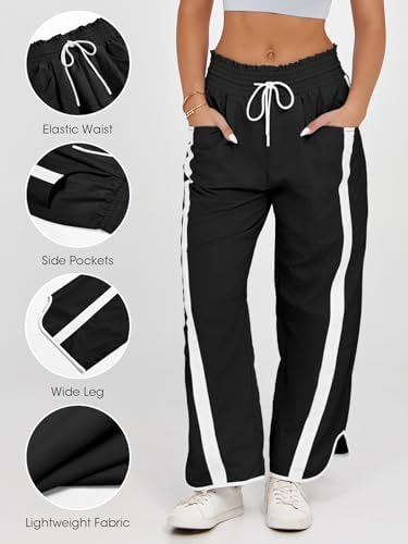Fisoew Women's Baggy Wide Leg Pants Casual Drawstring Elastic Waisted Contrast Color Workout Y2K Track Pants