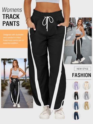 Fisoew Women's Baggy Wide Leg Pants Casual Drawstring Elastic Waisted Contrast Color Workout Y2K Track Pants
