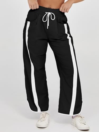 Fisoew Women's Baggy Wide Leg Pants Casual Drawstring Elastic Waisted Contrast Color Workout Y2K Track Pants