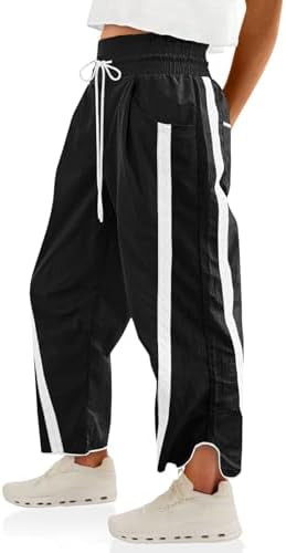 Fisoew Women's Baggy Wide Leg Pants Casual Drawstring Elastic Waisted Contrast Color Workout Y2K Track Pants