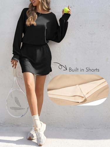Fisoew Womens Long Sleeve Athletic Dress Backless Keyhole Built-in Shorts Oversized Workout Active Dresses