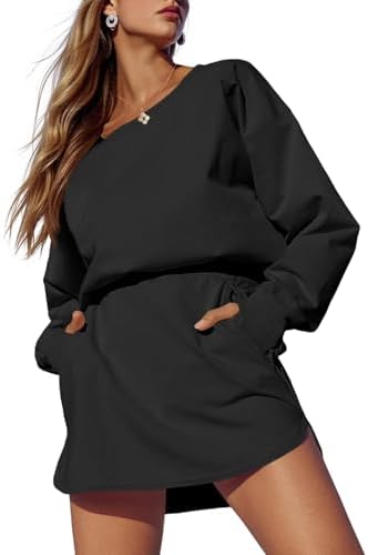 Fisoew Womens Long Sleeve Athletic Dress Backless Keyhole Built-in Shorts Oversized Workout Active Dresses