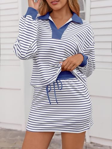 Fisoew Womens Striped 2 Piece Outfits Casual Sweatshirt Skirt Set Long Sleeve Skort Workout Set Matching Lounge Sets