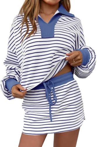 Fisoew Womens Striped 2 Piece Outfits Casual Sweatshirt Skirt Set Long Sleeve Skort Workout Set Matching Lounge Sets