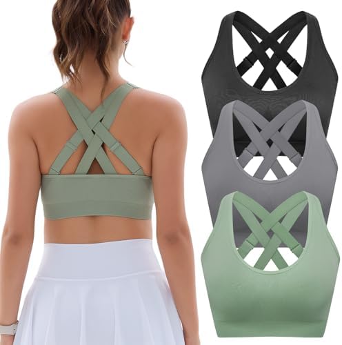FITTIN Padded Sports Bras for Women: Support Strappy Adjustable Straps Cross Back Sport Bra Pack for Workout Yoga Running Gym