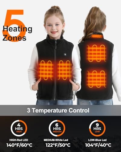 Fleece Kids Heated Vest With 7.4V 12000mAh Battery Pack Included Heated Vest For Kids With 5 Heating Zones For Boys & Girls