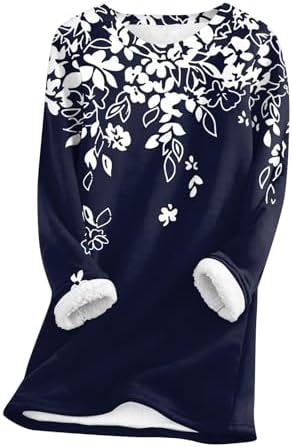 Fleece Sweatshirt for Women Winter Warm Sherpa Lined Tunic Thermal Fleece Crew Neck Long Sleeve Pullover Loungewear