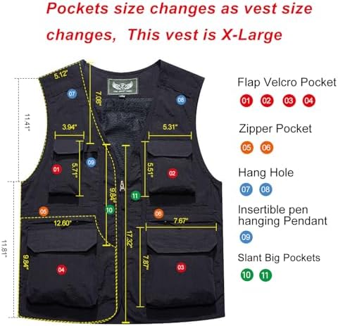 Flygo Men's Utility Cargo Vest Outdoor Fishing Safari Travel Work Photo Vest With Pockets