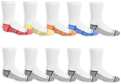 Fruit Of The Loom Big Boys' 10 Pack Crew Socks White/Gray/ Blue/ Green/ Orange/Red Shoe Size: 3-9