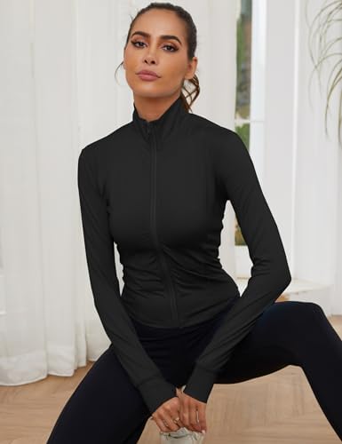 Gihuo Women's Athletic Full Zip Lightweight Workout Jacket With Thumb Holes