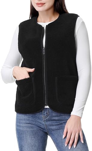 GIMECEN Womens Fuzzy Sherpa Fleece Vest Cozy Sleeveless Jacket Full Zip Outerwear Faux Shearling Waistcoat With Pockets