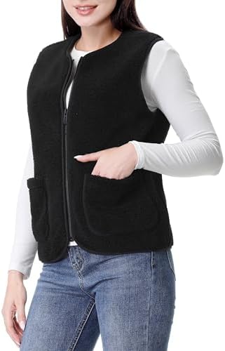 GIMECEN Womens Fuzzy Sherpa Fleece Vest Cozy Sleeveless Jacket Full Zip Outerwear Faux Shearling Waistcoat With Pockets