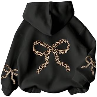 Girl's Bow Cheetah Leopard Hoodies Long Sleeve Pullover Tops Preppy Cute Sweatshirts Hoodies