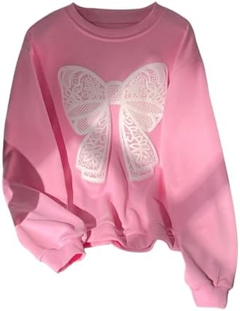 Girl's Bow Graphic Print Preppy Cute Sweatshirts Round Neck Long Sleeve Drop Shoulder Pullovers