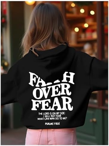 Girl's Letter Graphic Hoodies Long Sleeve Faith Over Fear Hoodies Sweatshirts Pullovers Trendy