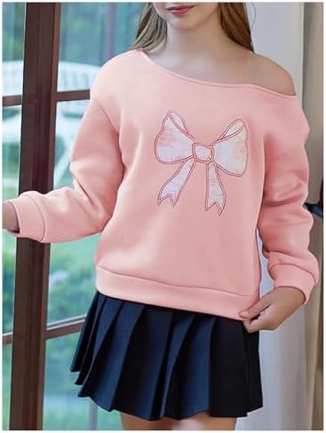Girl's Off The Shoulder Sweatshirt Tops Long Sleeve Cute Bow Sweatshirt Thermal Pullover Tops