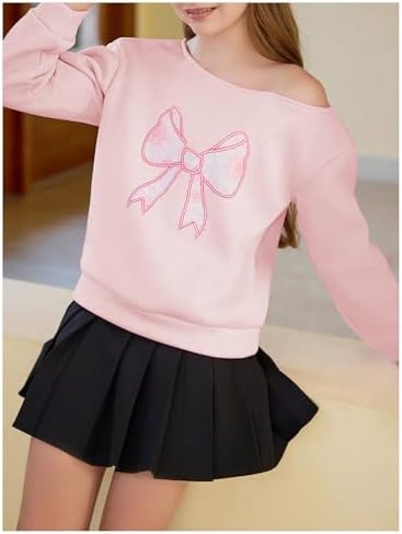 Girl's Off The Shoulder Sweatshirt Tops Long Sleeve Cute Bow Sweatshirt Thermal Pullover Tops