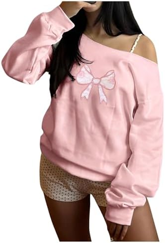 Girl's Off The Shoulder Sweatshirt Tops Long Sleeve Cute Bow Sweatshirt Thermal Pullover Tops