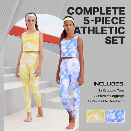 Girls Athletic Leggings Yoga Pants W/Sleeveless Crop Tank Tops For Kids Workout Cheer Dance Run Sizes 3-16 5pc Set