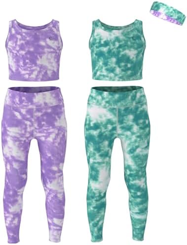 Girls Athletic Leggings Yoga Pants w/Sleeveless Crop Tank Tops for Kids Workout Cheer Dance Run Sizes 3-16 5pc Set