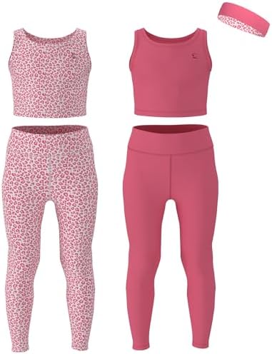 Girls Athletic Leggings Yoga Pants w/Sleeveless Crop Tank Tops for Kids Workout Cheer Dance Run Sizes 3-16 5pc Set