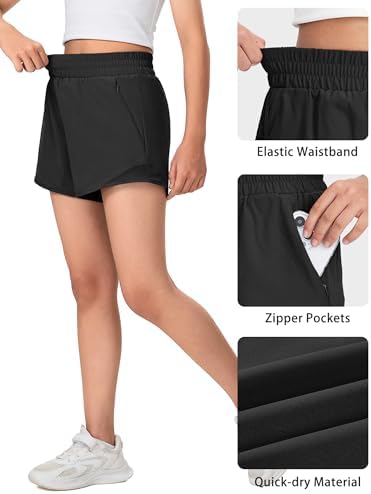 Girls Athletic Shorts With Liner Quick Dry Running Soccer Shorts With Zip Pockets For Kids Active Sports Volleyball