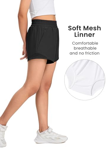 Girls Athletic Shorts With Liner Quick Dry Running Soccer Shorts With Zip Pockets For Kids Active Sports Volleyball