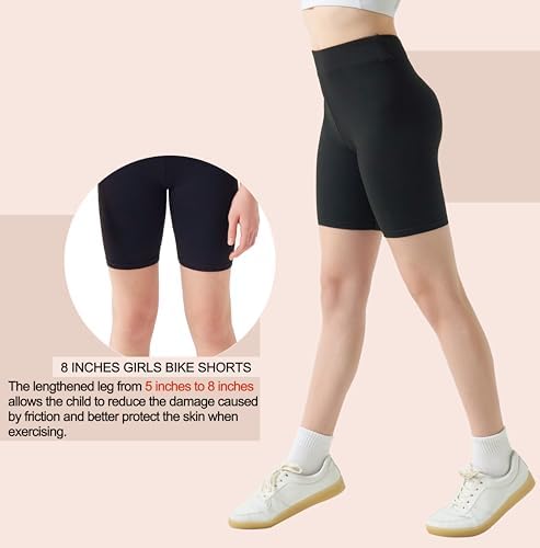 Girls Bike Shorts-8" Spandex Soft High Waisted Athletic Dance Gymnastics Volleyball Biker Shorts For Girls 6-14Years