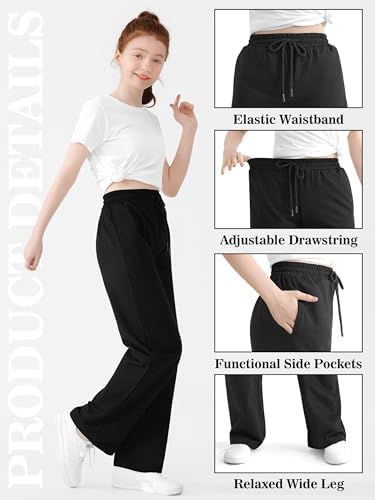 Girls Cotton Wide Leg Sweatpants High Waisted Lounge Baggy Joggers Straight Athletic Pants With Pockets Drawstring