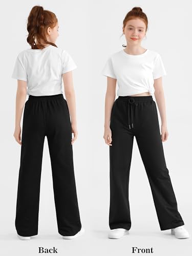 Girls Cotton Wide Leg Sweatpants High Waisted Lounge Baggy Joggers Straight Athletic Pants With Pockets Drawstring