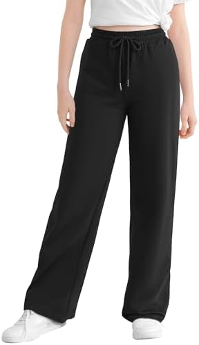 Girls Cotton Wide Leg Sweatpants High Waisted Lounge Baggy Joggers Straight Athletic Pants with Pockets Drawstring