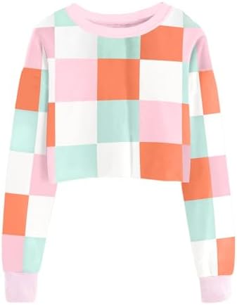 Girls Crop Sweatshirts Casual Tops Kids Long Sleeve Plaid Pullover Cute Fall Winter Fashion Shirts For Teen Girl
