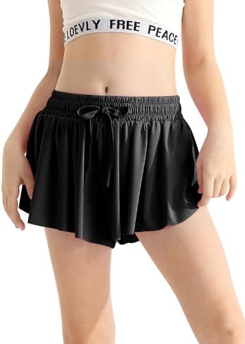 Girls Flowy Athletic Shorts with Pocket Drawstring 2 in 1 Quick Dry Butterfly Skirts for Running Tennis Dance
