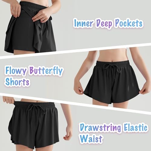 Girls Flowy Athletic Shorts With Pocket Kids Spandex 2 In 1 Drawstring Butterfly Skorts For Cheer Dance Running