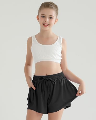 Girls Flowy Athletic Shorts With Pocket Kids Spandex 2 In 1 Drawstring Butterfly Skorts For Cheer Dance Running