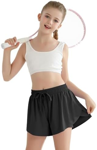 Girls Flowy Athletic Shorts with Pocket Kids Spandex 2 in 1 Drawstring Butterfly Skorts for Cheer Dance Running