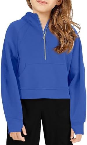 Girls Half Ziper Collar Cropped Hoodies Long Sleeve Fleece Zip Up Pullover Sweatshirts