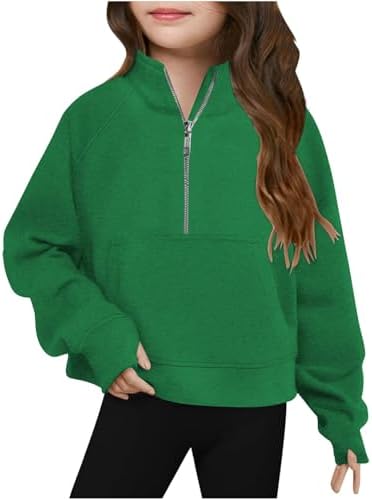 Girls Half Zipper Sweatshirts Cute Trendy Fall Pullover Crop Tops For Teen Girls Long Sleeve Sweater Thumb Hole