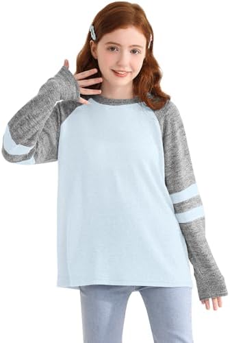 Girls Long Sleeve Shirts Striped Casual Tees Raglan Crewneck Sweatshirts Tops For 6-13 Years