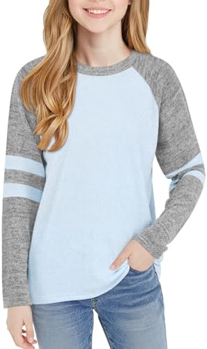 Girls Long Sleeve Shirts Striped Casual Tees Raglan Crewneck Sweatshirts Tops for 6-13 Years