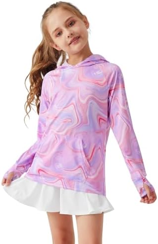 Girls Long Sleeve Shirts Thumbholes Kids UPF 50+ Sun Shirt Lightweight Athletic Hoodies With Pocket