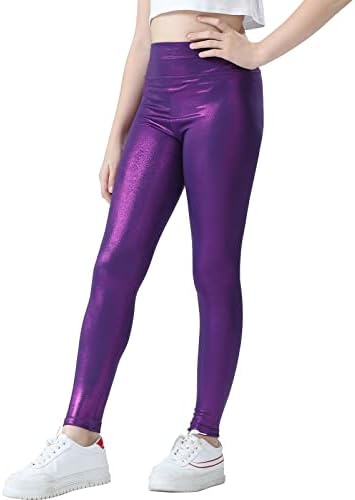 Girls Metallic Active Leggings Size 4-14 Years Shiny Sparkly Mystique Stretch Ankle Length For Kids Youth Teen