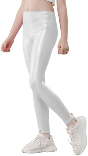 Girls Metallic Leggings High Waisted Sparkly Yoga Pants Shiny Running Dance Tights for Kids Youth Teen 2 Pack