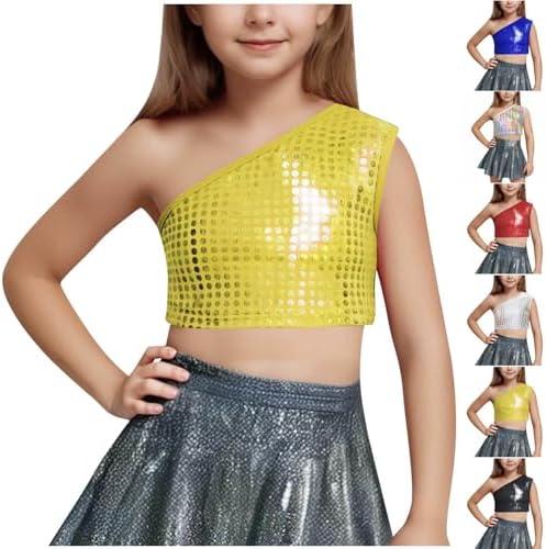 Girls One-Shoulder Sequins Vest Sleeveless Metallic Sparkle Tank Crop Tops Kids Performance Dance Oufits For 3-16 Years
