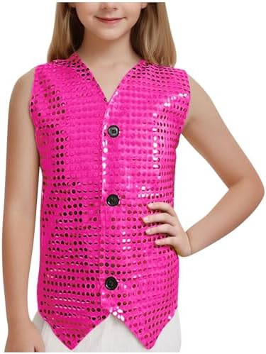 Girls Sequin Dance Shirts 2025 Trendy Metallic Shimmer Sleeveless Shirt Kids Sparkly Glitter V Neck Performance Vest